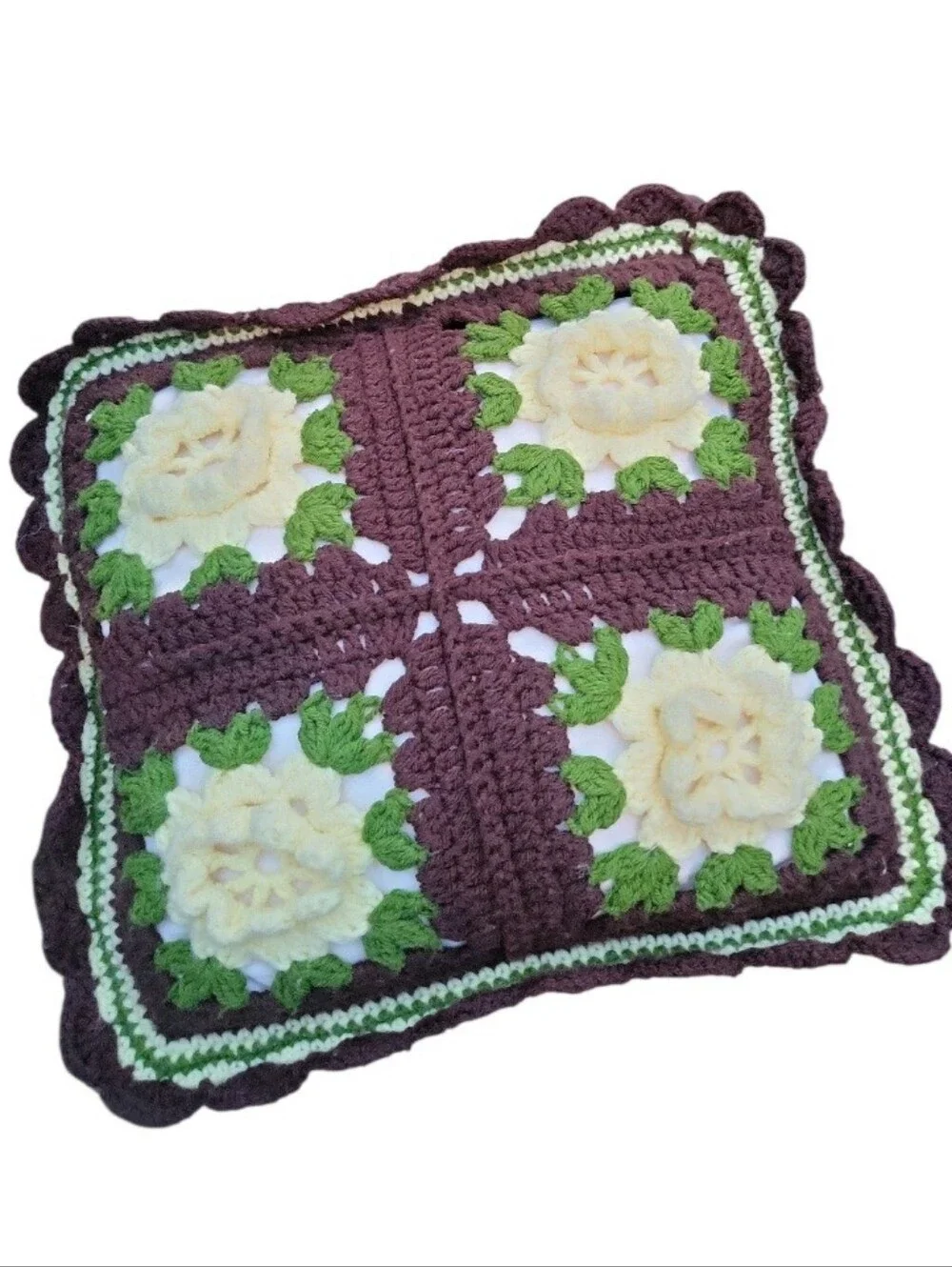 Vintage 70's Granny Square Crocheted Rosette Throw Pillow 17